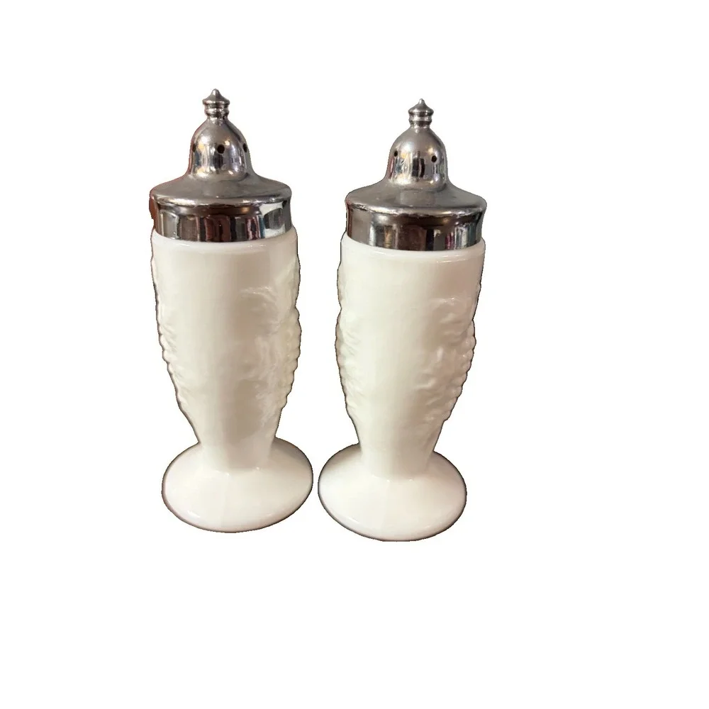 Vintage Imperial Milk Glass Grape Salt Pepper Shakers Chrome Lids Footed 5